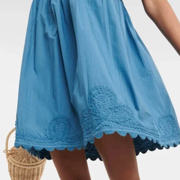 Juliet Dunn Scalloped Embroidered Cotton Mini-Dress, Denim Blue
